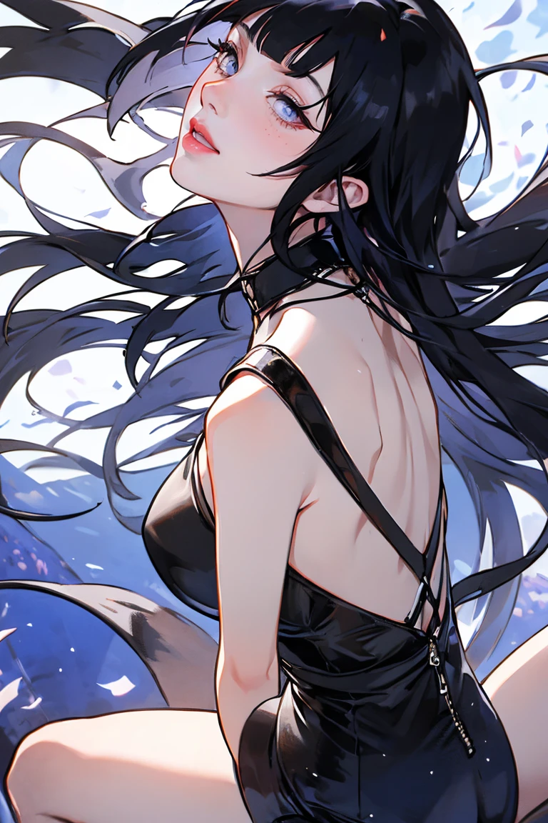 1girl, close up of face, adult, Hinata Hyuga, the last, shy girl, long black hair, blunt bangs, dark hair, Voluminous hair, lavender eyes, no pupils, Lavender Sleeveless Blouse, long black boots, navy blue shorts, Black translucent stockings, holster, bandage on thigh, open sandals, big breasts, wide hips, shapely legs, slim waist, masterpiece, best quality, Professional, realistic.