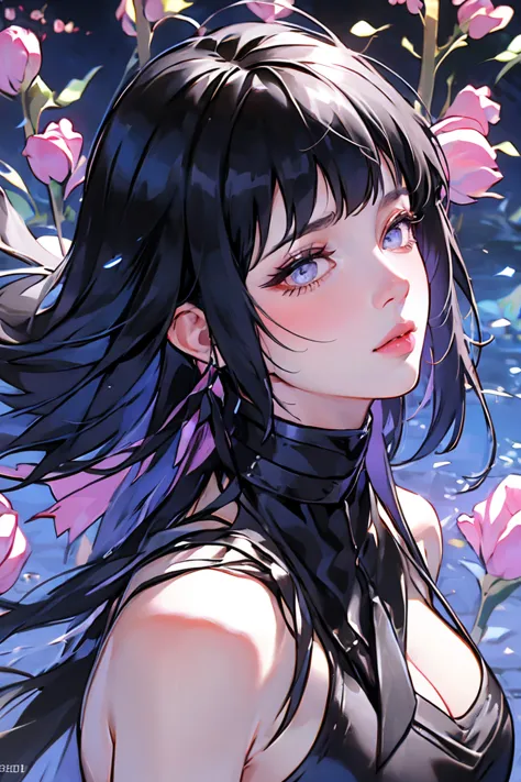 1girl, close up of face, adult, hinata hyuga, the last, shy girl, long black hair, blunt bangs, dark hair, voluminous hair, lave...