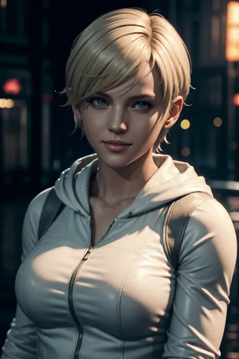 Resident Evil 6,Shelley,Short Hair,Blonde Hair,White hoodie,Cold protection,neck warmer,Photorealistic,Ultra HD,high quality,mas...