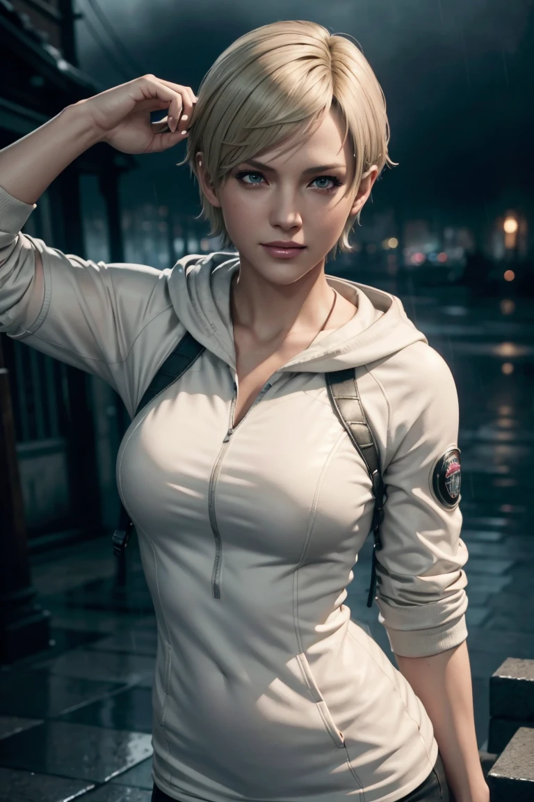 Resident Evil 6,Shelley,Short Hair,Blonde Hair,White hoodie,Cold protection,neck warmer,Photorealistic,Ultra HD,high quality,masterpiece,Digital SLR,Detailed details,Intricate details,Anatomical basis,Depicted in detail,A detailed face,Realistic skin texture,Vivid details,Perfect Anatomy,Perfect Anatomy,Anatomically correct hand,Anatomically correct fingers,Super Detail,Complex 3D rendering,Sexy pose,Rainy Sky,Beautiful scenery,Fantastic rainy sky,Picturesque,Pink Lips,smile,