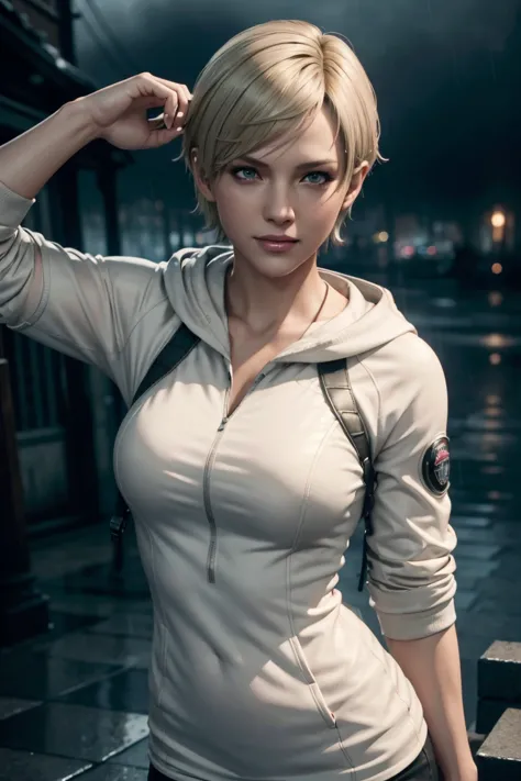 Resident Evil 6,Shelley,Short Hair,Blonde Hair,White hoodie,Cold protection,neck warmer,Photorealistic,Ultra HD,high quality,mas...