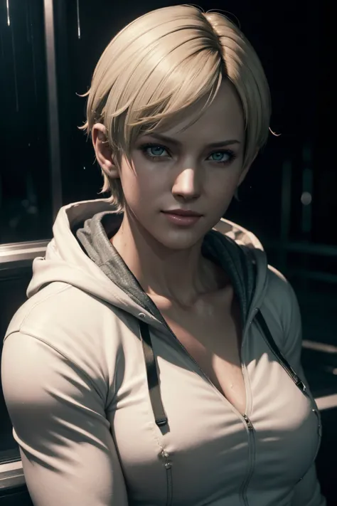 Resident Evil 6,Shelley,Short Hair,Blonde Hair,White hoodie,Cold protection,neck warmer,Photorealistic,Ultra HD,high quality,mas...