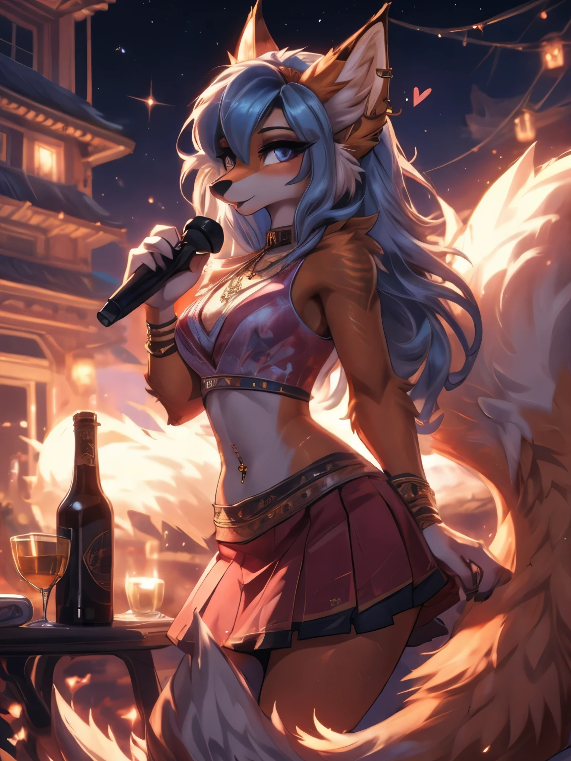 Chica anime,tennage girl 18 years old, anime style, foxy girl, blue body, antropomorfica Chica tímida , Orejas de Kitsune, arte de dark natasha, city landscape, arte de vixen aztra, cuerpo completo, patas hermosas, cintura delgada, caderas amplias, navel white blouse, white&pink skirt, navel piercing, ear piercing, navel tattoo, atrevid pose, back pose, fluffly tail, sensual eyes (la mejor definicion) long hair, black flash, city party, city night life, party girl, idol girl, girl with microphone singing, deep purple eyes (HD), white&pink dress, super mega star idol, aura pura, silueta de luz, silueta radiante de luz dorada, su cuerpo brilla, mekor iluminacion en fotografía, mermaid mini skirt, lovely girl, sending kiss, heartlove, fullbody 