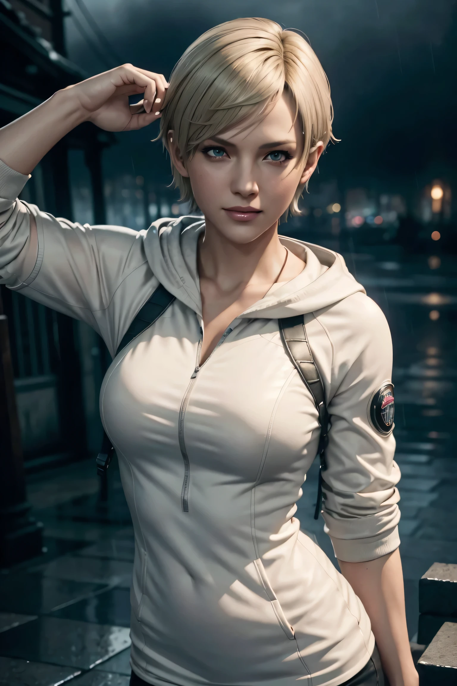 Resident Evil 6,Shelley,Short Hair,Blonde Hair,White hoodie,Cold protection,neck warmer,Photorealistic,Ultra HD,high quality,masterpiece,Digital SLR,Detailed details,Intricate details,Anatomical basis,Depicted in detail,A detailed face,Realistic skin texture,Vivid details,Perfect Anatomy,Perfect Anatomy,Anatomically correct hand,Anatomically correct fingers,Super Detail,Complex 3D rendering,Sexy pose,Rainy Sky,Beautiful scenery,Fantastic rainy sky,Picturesque,Pink Lips,smile,