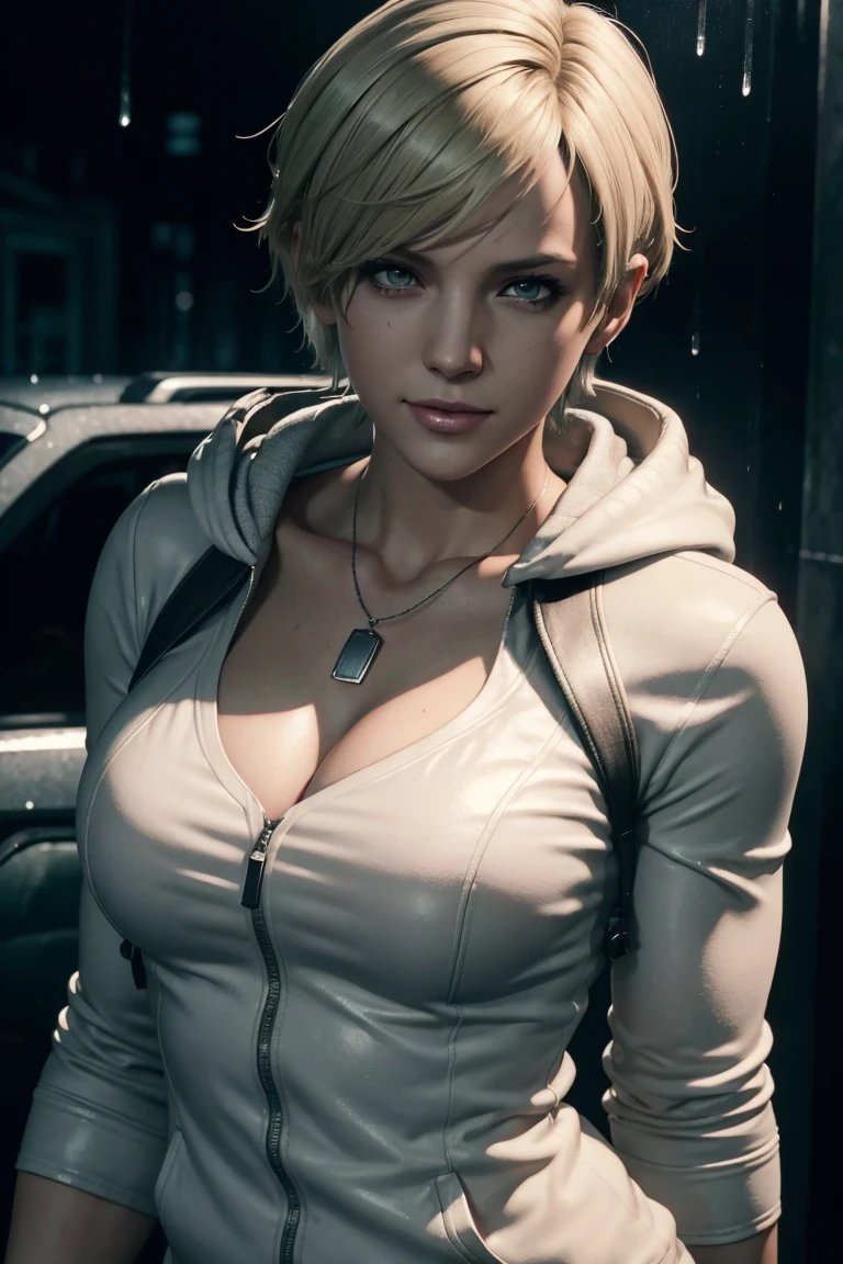 Resident Evil 6,Shelley,Short Hair,Blonde Hair,White hoodie,Cold protection,neck warmer,Photorealistic,Ultra HD,high quality,masterpiece,Digital SLR,Detailed details,Intricate details,Anatomical basis,Depicted in detail,A detailed face,Realistic skin texture,Vivid details,Perfect Anatomy,Perfect Anatomy,Anatomically correct hand,Anatomically correct fingers,Super Detail,Complex 3D rendering,Sexy pose,Rainy Sky,Beautiful scenery,Fantastic rainy sky,Picturesque,Pink Lips,smile,