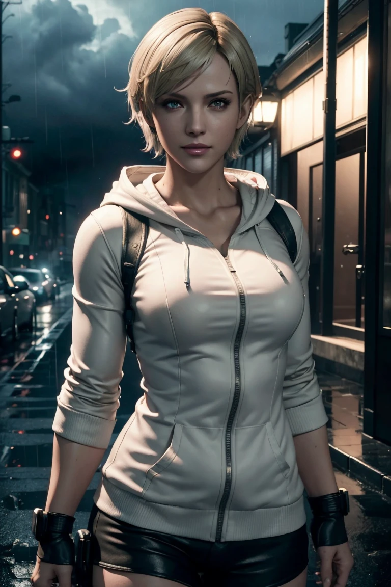 Resident Evil 6,Shelley,Kurzes Haar,Blondes Haar,Weißer Hoodie,Kälteschutz,Nackenwärmer,fotorealistisch,Ultra HD,gute Qualität,Meisterwerk,Digital SLR,Detaillierte Details,komplizierte Details,Anatomische Grundlagen,Im Detail dargestellt,Ein detailliertes Gesicht,realistische Hautstruktur,lebendige Details,Perfekte Anatomie,Perfekte Anatomie,Anatomisch korrekte Hand,Anatomisch korrekte Finger,Super Detail,Komplexes 3D-Rendering,sexy Pose,regnerischer Himmel,schöne Landschaft,Fantastischer regnerischer Himmel,malerisch,pinke Lippen,lächeln,