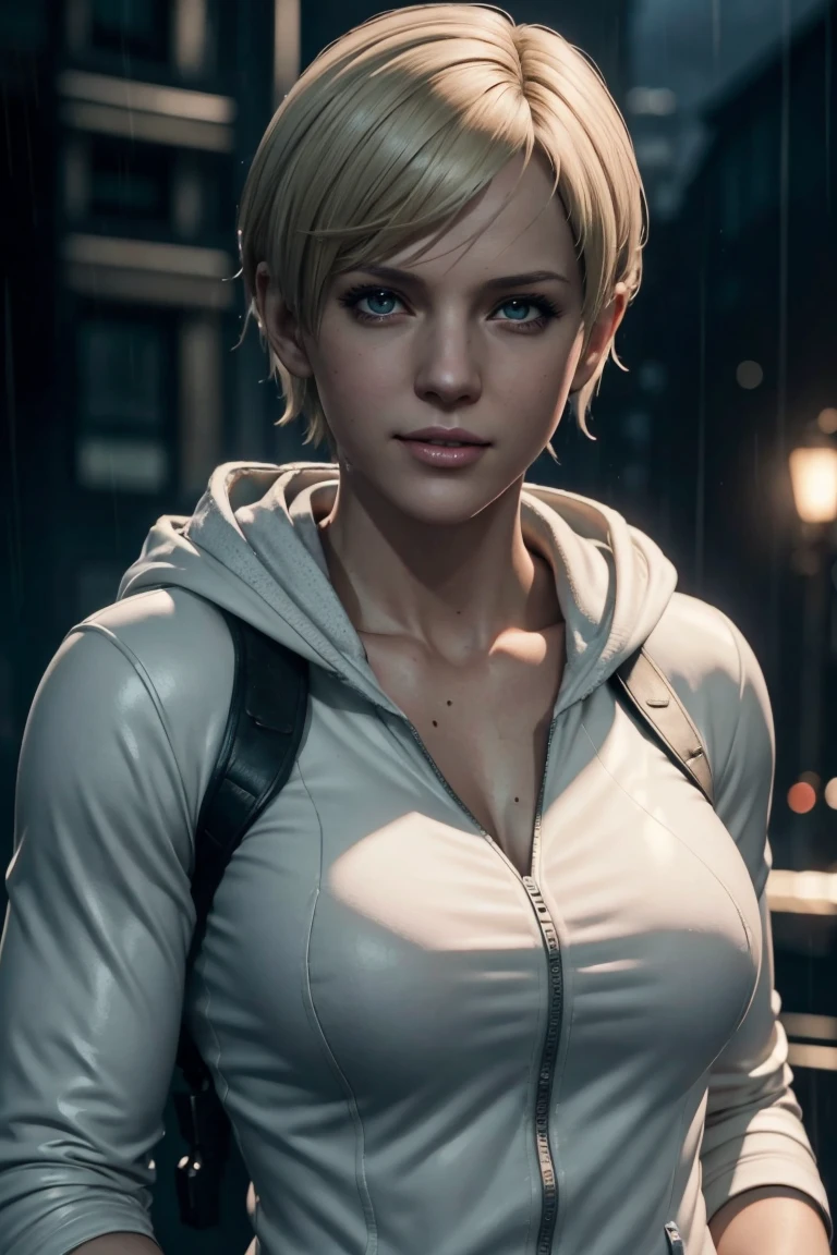 Resident Evil 6,Shelley,Short Hair,Blonde Hair,White hoodie,Cold protection,neck warmer,Photorealistic,Ultra HD,high quality,masterpiece,Digital SLR,Detailed details,Intricate details,Anatomical basis,Depicted in detail,A detailed face,Realistic skin texture,Vivid details,Perfect Anatomy,Perfect Anatomy,Anatomically correct hand,Anatomically correct fingers,Super Detail,Complex 3D rendering,Sexy pose,Rainy Sky,Beautiful scenery,Fantastic rainy sky,Picturesque,Pink Lips,smile,