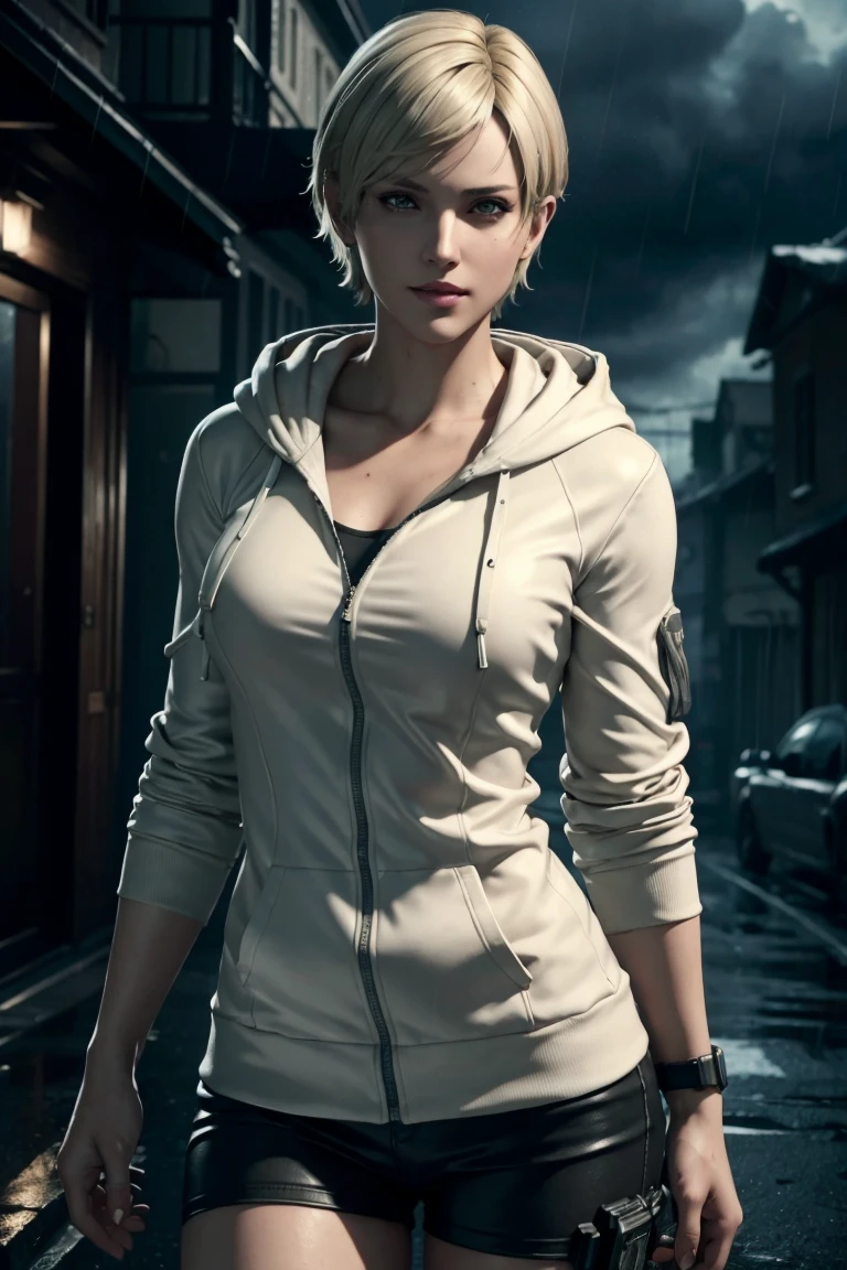 Resident Evil 6,Shelley,Kurzes Haar,Blondes Haar,Weißer Hoodie,Kälteschutz,Nackenwärmer,fotorealistisch,Ultra HD,gute Qualität,Meisterwerk,Digital SLR,Detaillierte Details,komplizierte Details,Anatomische Grundlagen,Im Detail dargestellt,Ein detailliertes Gesicht,realistische Hautstruktur,lebendige Details,Perfekte Anatomie,Perfekte Anatomie,Anatomisch korrekte Hand,Anatomisch korrekte Finger,Super Detail,Komplexes 3D-Rendering,sexy Pose,regnerischer Himmel,schöne Landschaft,Fantastischer regnerischer Himmel,malerisch,pinke Lippen,lächeln,