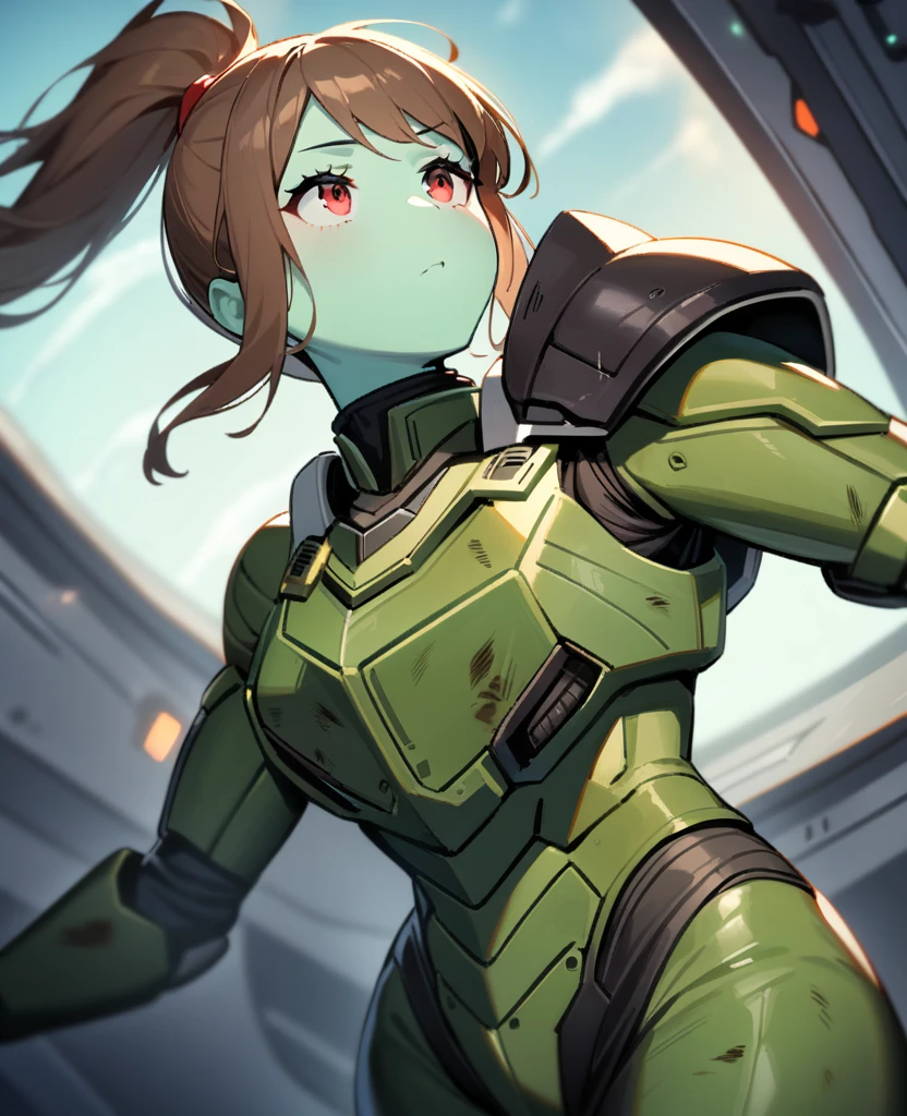 1girl,solo,red eyes,((brown hair:1.5)),green power armor,ponytail,((pale green skin)),green chest armor,cowboy shot,in space ship,zero gravity,Science fiction,ultra-detailed,sharp focus,aesthetic,(best quality), carrying purple halberd, tall woman, battle damage 