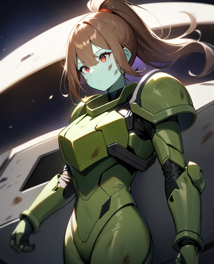 1girl,solo,red eyes,((brown hair:1.5)),green power armor,ponytail,((pale green skin)),green chest armor,cowboy shot,in space ship,zero gravity,Science fiction,ultra-detailed,sharp focus,aesthetic,(best quality), carrying purple halberd, tall woman, battle damage 