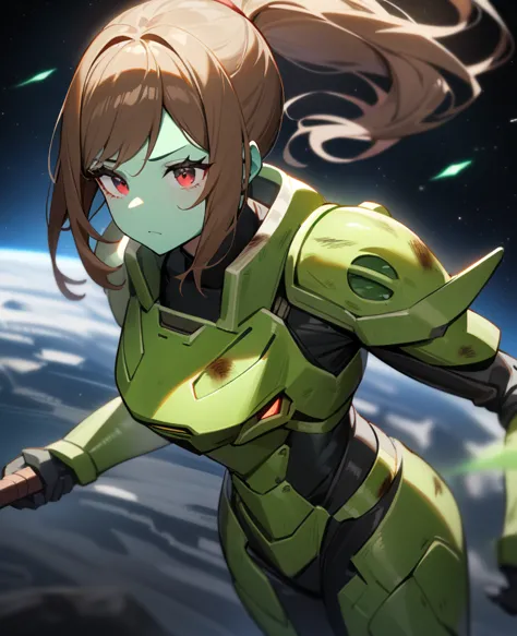 1girl,solo,red eyes,((brown hair:1.5)),green power armor,ponytail,((pale green skin)),green chest armor,cowboy shot,in space shi...