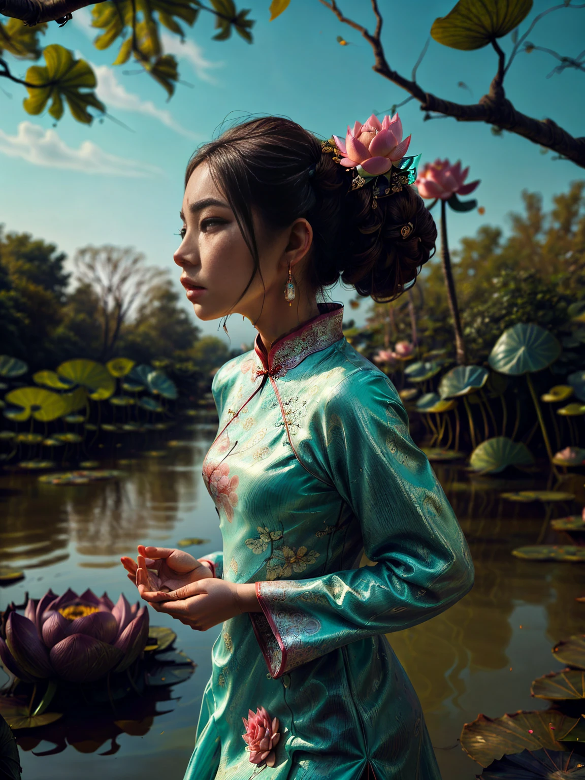 ((a detailed beautiful girl with Cheongsam in Cantonese, It is a type of female dress of Manchu origin used in China, beautiful colors., pink cyan, green:1.5)), detailed eyes, detailed face, long eyelashes, detailed hair and updo elegant and beautiful dressed elegantly, standing under a tree, sunlight splashing on the leaves, vibrant colors, photorealistic, 8K, high quality, cinematic lighting, portrait, (Best Quality,4k,8K,high resolution,masterpiece:1.2),ultra detailed,sharp focus, Very detailed face,extremely detailed facial features,hyper realista skin texture,extremely fine details,intricate details,detailed eyes,Detailed nose,detailed lips,Detailed facial expressions,intricate facial anatomy,intense lighting, dramatic lighting,Changing lighting,cinematic lighting,chiaroscuro lighting,dramatic shadows,dramatic moments,vivid colors,intense colours,Deep contrast,cinematic depth of field,cinematographic composition,cinematic camera angle