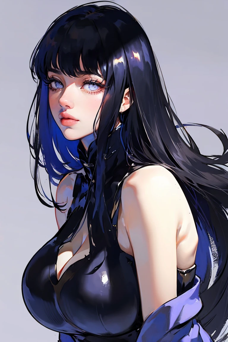 1girl, close up of face, adult, Hinata Hyuga, the last, shy girl, long black hair, blunt bangs, dark hair, Voluminous hair, lavender eyes, no pupils, Lavender Sleeveless Blouse, long black boots, navy blue shorts, Black translucent stockings, holster, bandage on thigh, open sandals, big breasts, wide hips, shapely legs, slim waist, masterpiece, best quality, Professional, realistic.