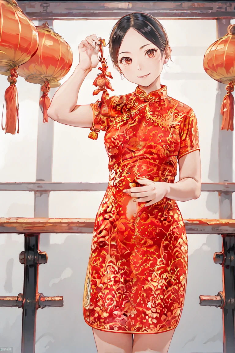 ultra detailed, masterpiece, Best Quality, extremely detailed, sharp focus, from the middle, illustration, illustration de cuerpo completo, Jet black hair, very long hair, qipao, cheongsam, huge breasts, standing, Little smile, chinese house, chinese lights, evening, officer, pink eyes