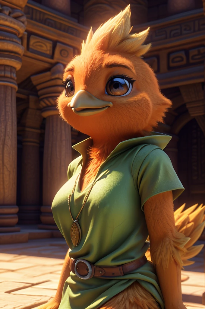 Female , bird, Torchic, background, (cinematic lighting:1.1), (perfect focus:1.1), 8k hd, (detailed eyes:1.2),depth of field, bokeh, subsurface scattering, perfect breasts, wide ,((wearing sexy link tunic )),bright colors, (furry detail:1.3),detailed background, realistic, photorealistic, ultra realistic,(inside the sacred temple of ocarina from zelda's time  ),realistic, photorealistic ,smile cute,(fluffy:1.3), furry, buff, (realistic fur:1.1), (extreme fur detail:1.2),((light orange fur)),(Black pupil, brown eyes,pixar style eyes),Torchic tail,3d pixar legs, with pectorals,brighter colors, and a sexy body. 