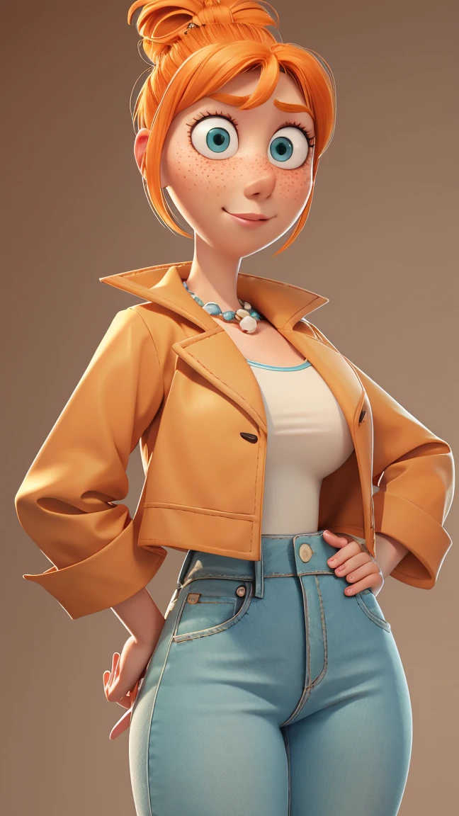 1 girl, Orange hair in a bun, green eyes, slight smile, freckles on the cheeks, thin eyebrows, white necklace with a bow, Teal Jacket, pale skin, standing, Cartoon, (pixar:1.2), Lucy Wilde, long nose, hits, tight short jeans,Full body view, wide hips, huge breasts, fitted top, camel toe, big breasts, huge breasts, camel toe, wide hips