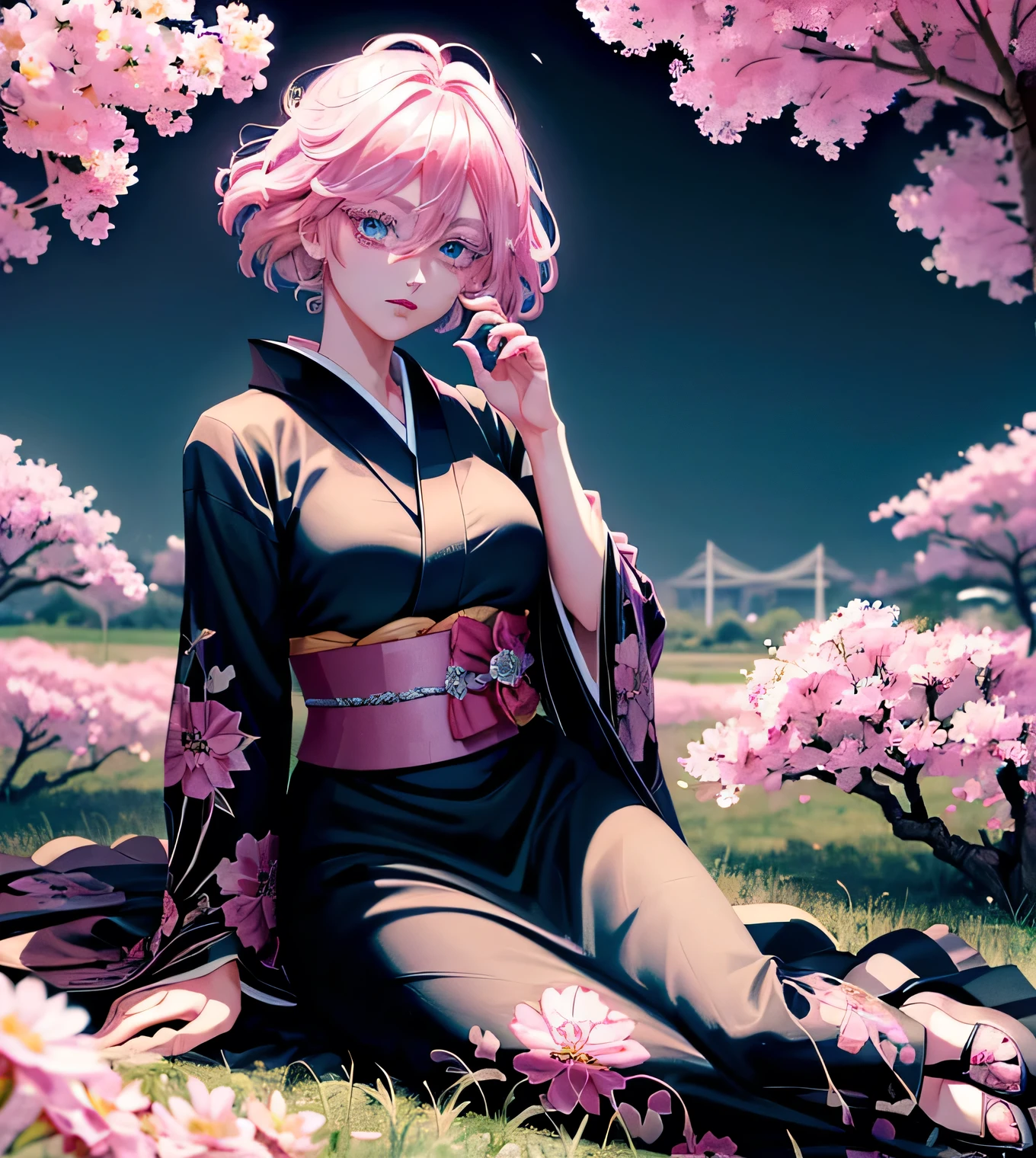 (high quality, 8K, 4k, Senju Akashi , Tokyo revengers pink hair blue eyes perfect female face long eyelashes , Senju with a black dress , perfect hands, sitting in a field of flowers  kimono color negro con rosa , cabello corto,  cara lindo ojos perfectos 