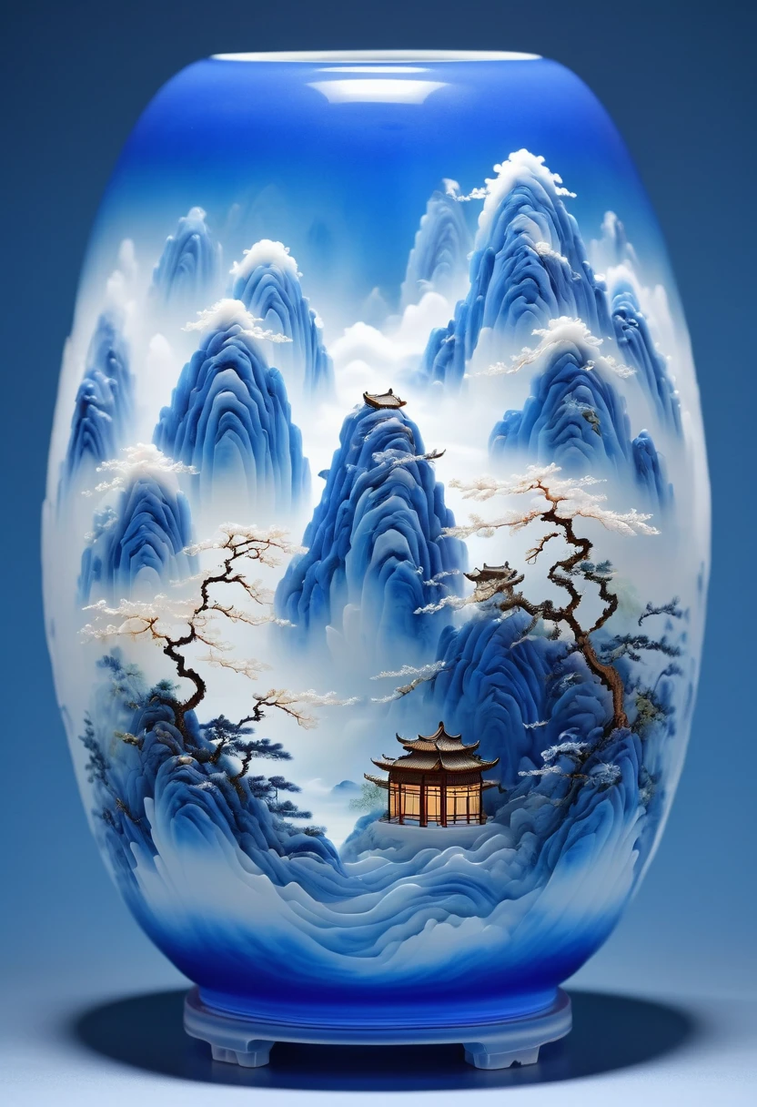 Micro landscape design carved on blue and white porcelain vase，Translucent glass material,Blue-white gradient,Traditional Chinese landscape painting,Abstract shapes,Minimalism,Cave，3d。water vapor，White mist，Heavy fog，