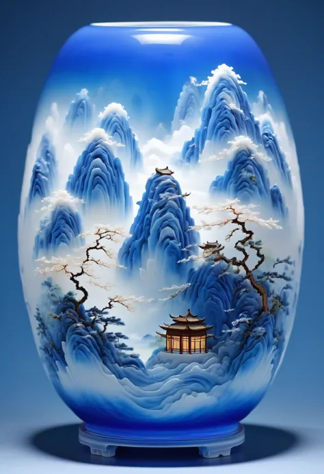 Micro landscape design carved on blue and white porcelain vase，Translucent glass material,Blue-white gradient,Traditional Chines...