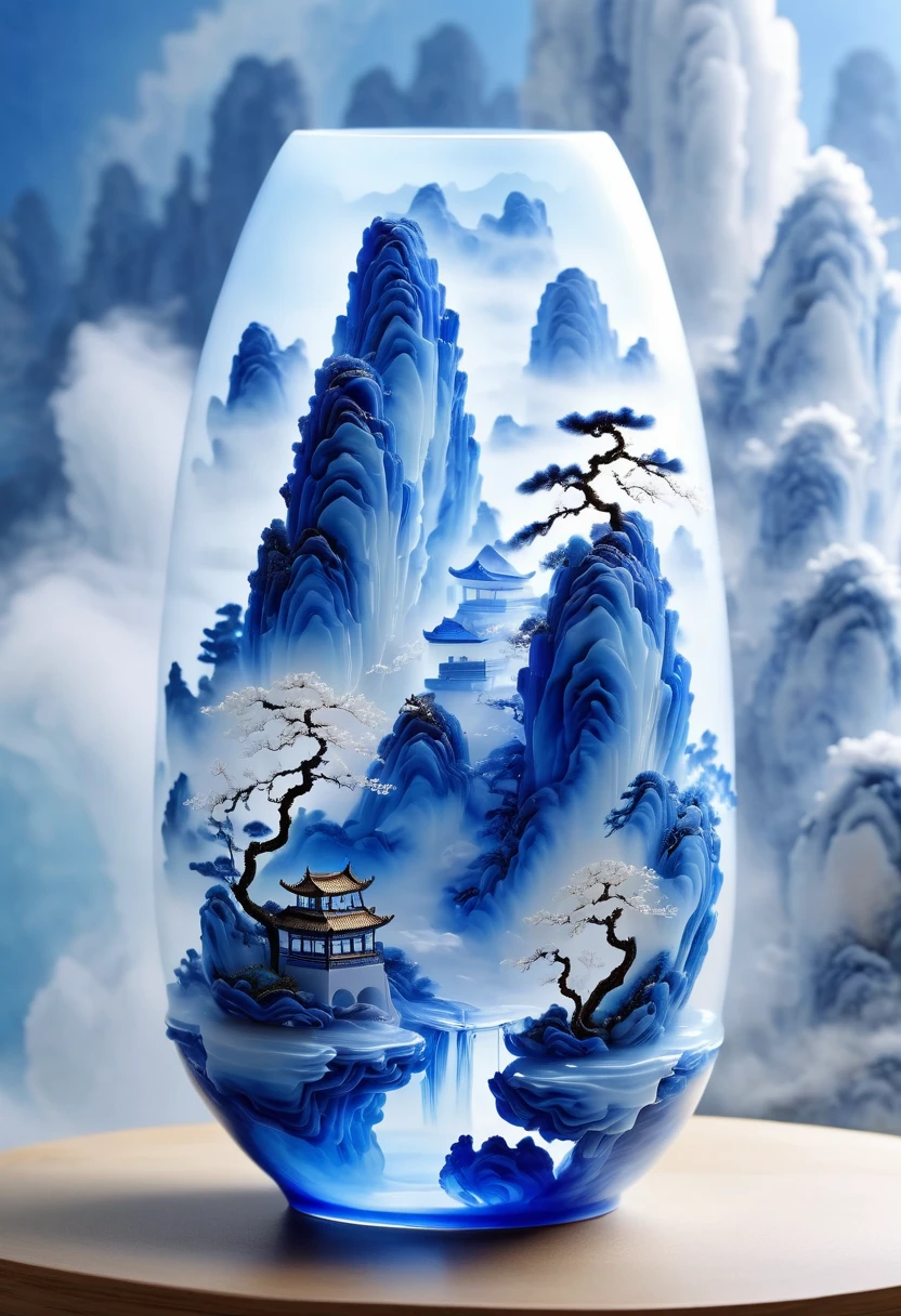 Micro landscape design carved on blue and white porcelain vase，Translucent glass material,Blue-white gradient,Traditional Chinese landscape painting,Abstract shapes,Minimalism,Cave，3d。water vapor，White mist，Heavy fog，