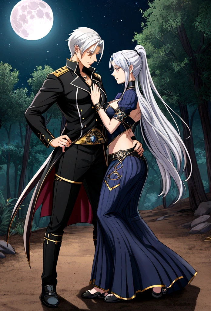 a woman with elements of sanguah from wuntherin wave and esdeath from akgame ga kill, with an outfit that mixes Persian elements, Victorian , Greek and some characteristic elements of both characters, dancing in the forest in the middle of a full moon night, silver hair with crimson tips, amber eyes,
