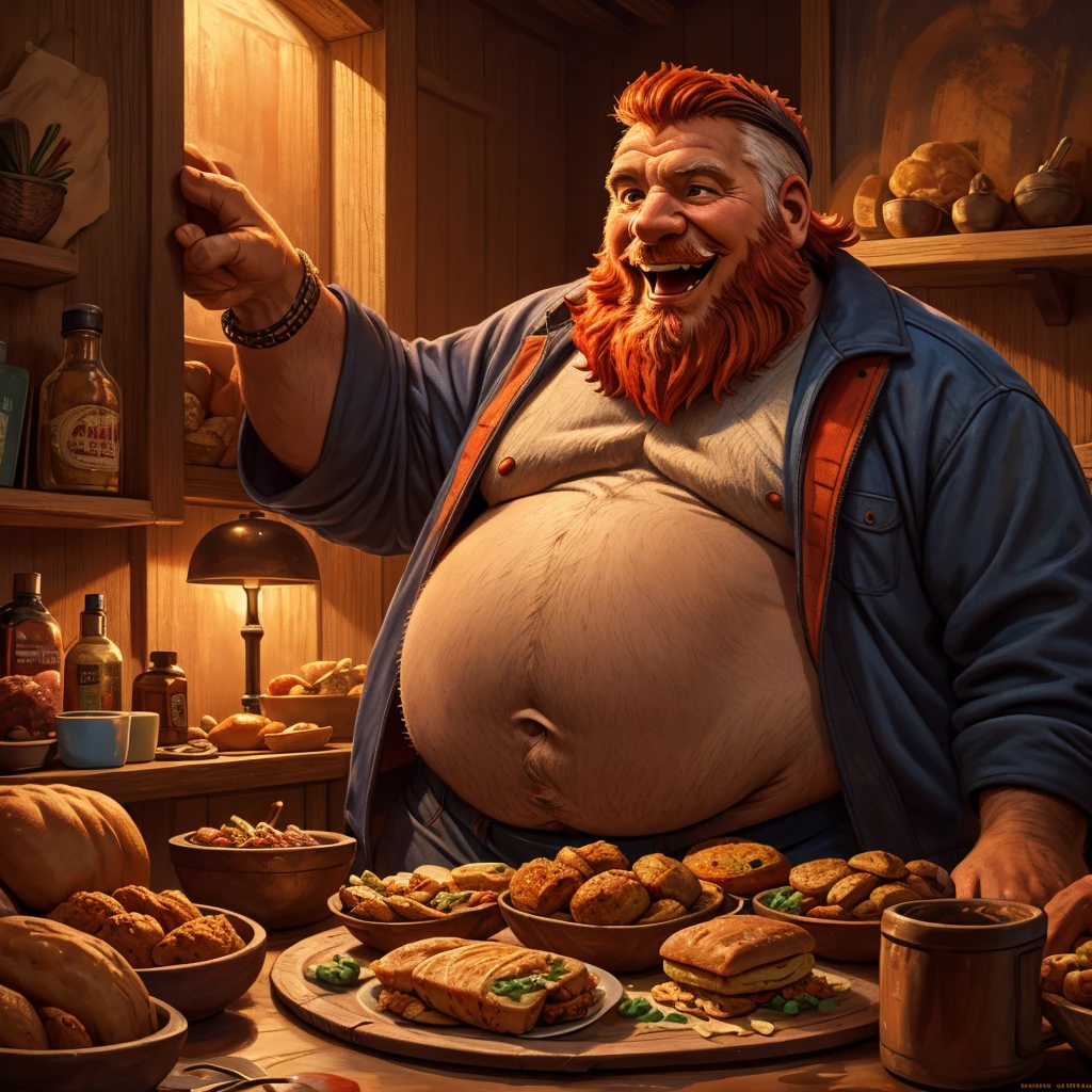 fat old man, laugh, food, red beard, detailed portrait, realistic, photorealistic, ultra-detailed, 8k, best quality, masterpiece, warm lighting, vibrant colors, oil painting, chiaroscuro, impasto, atmospheric, intricate details, dramatic composition
