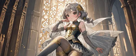8 year old medieval girl、 Gold and silver embroidery, underwear姿、Translucent bloomers with knee-length lace（underwear）Wearing、We...