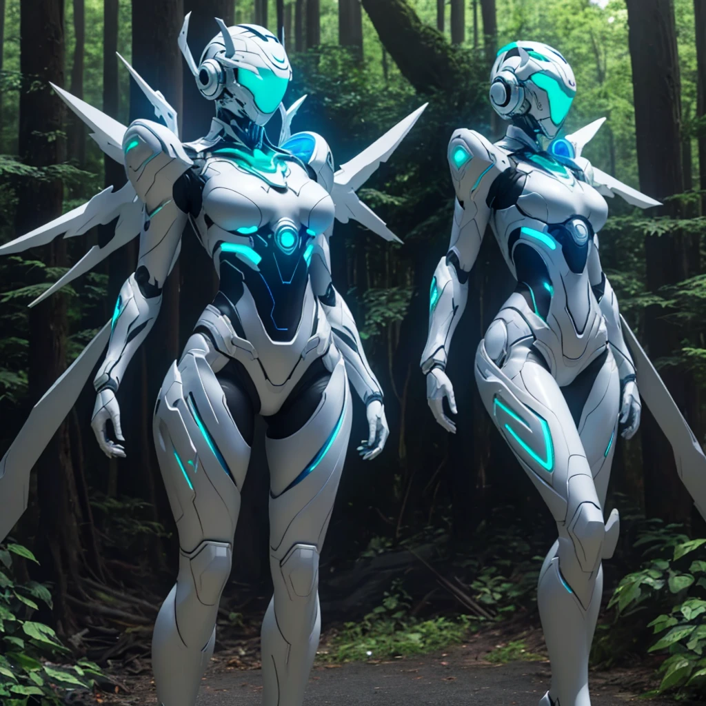 Dronificated unknown woman in a fully enclosed white latex fullbody suit with blue lights across the suit and green star shaped glowing core in the chest, fully enclosed cyber helmet that cover her whole face and hides her identity with a blue screen that has a white star, huge breast, narrow waist, wide hips and thick thighs, Mechanical wings, in a forest, no face, no hair, no mouth, no eyes, (perfect anatomy)