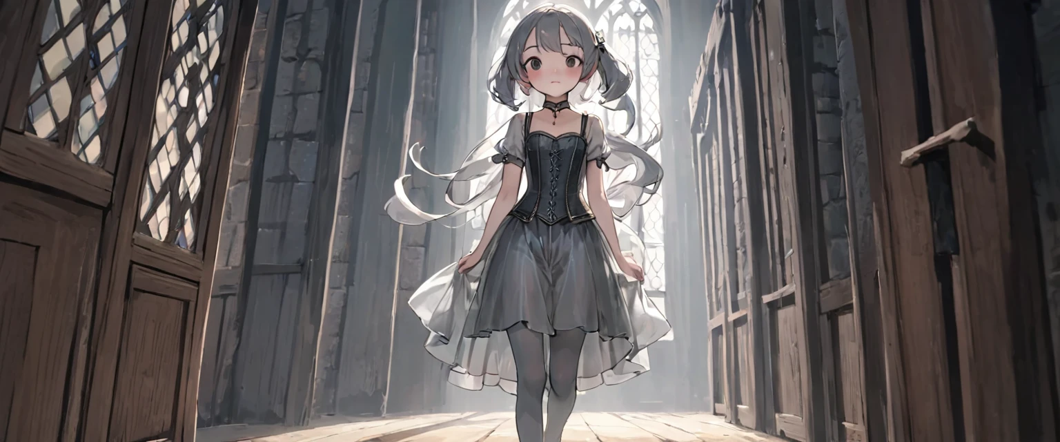 8 year old medieval girl, underwear姿、Translucent knee-length drawers（underwear）Wearing、Wearing a semi-transparent corset、Translucent slip, Grey translucent tights