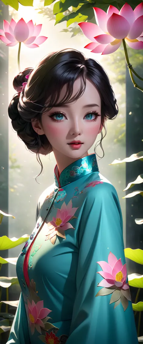 plano general, whole body, ((a detailed beautiful girl with Cheongsam in Cantonese, in profile with a lotus flower in his hands:...