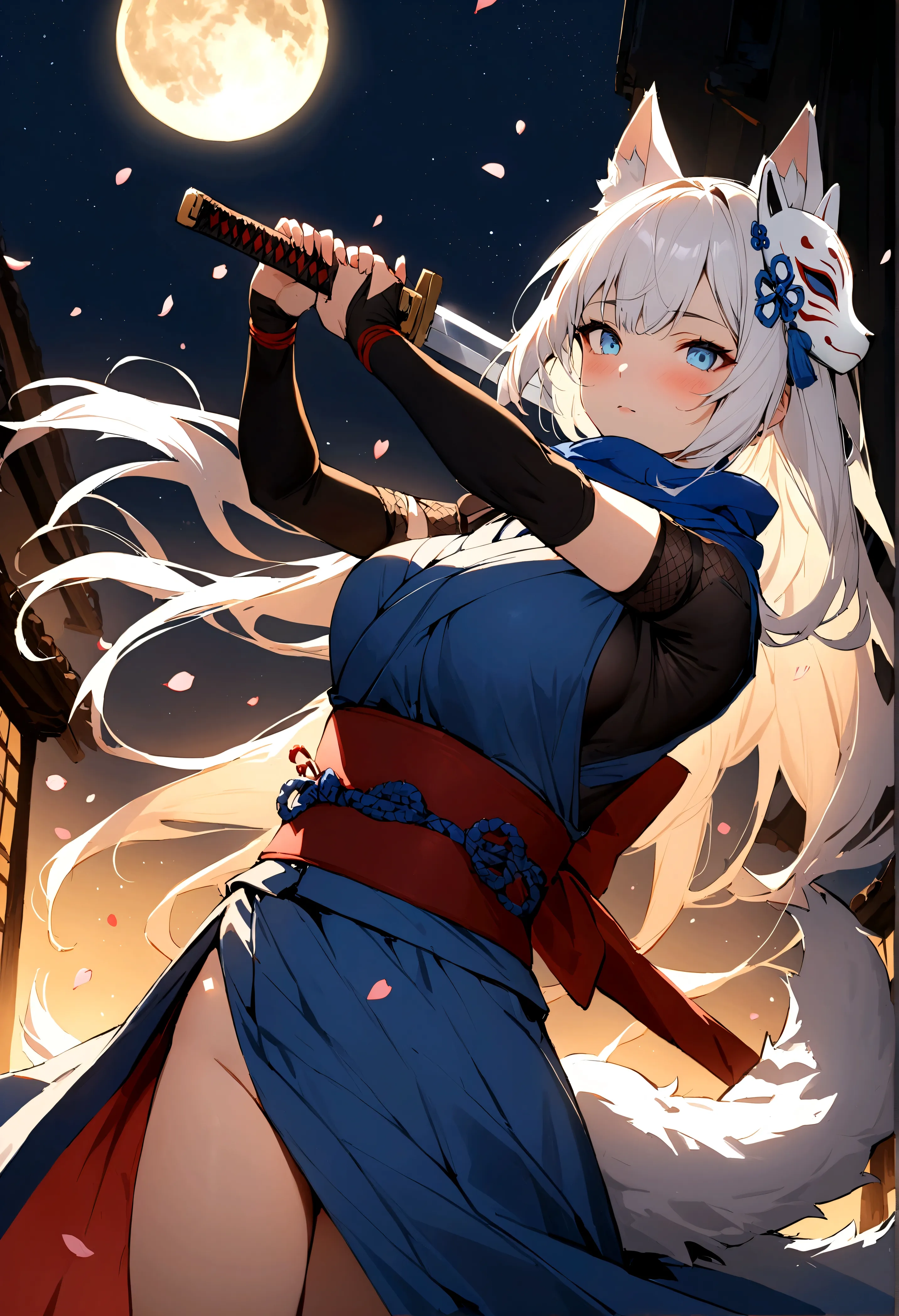 (masterpiece, best quality:1.2), 1girl, 独奏,wolf girl, fox mask, ninja, girl, long white hair, odd eyes, blue kimono, ninja girl,...