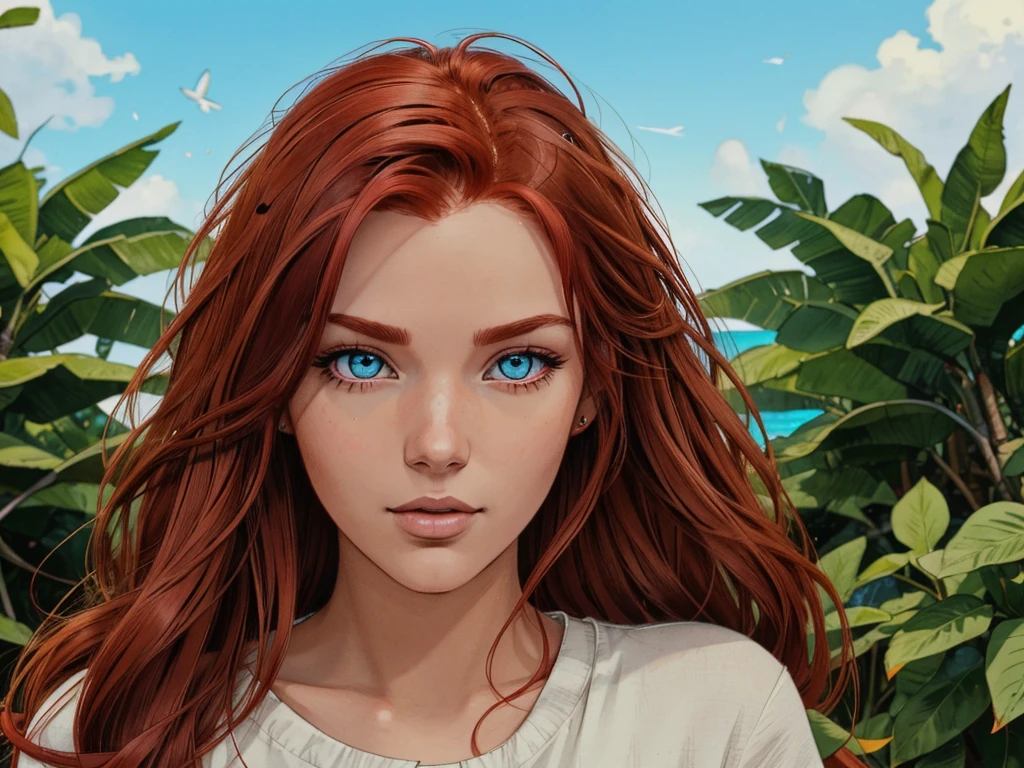 a girl beautiful and stylish she has red hair blue eye's in the prime of her life, perfect in every dimension  she is in paradise looking to invite you in the look of love is in the air and their is nothing but beautiful things in view 8k best quality  super detailed hyper detailed hyper resolution