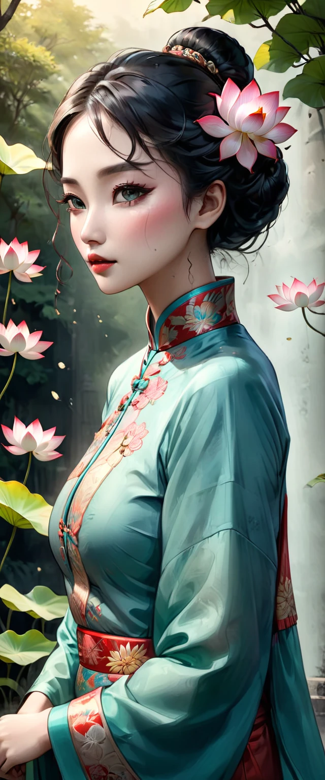 black pencil illustration style, plano general, whole body, ((a detailed beautiful girl with Cheongsam in Cantonese, in profile with a lotus flower in his hands:1.3, It is a type of female dress of Manchu origin used in China, beautiful colors., pink cyan, green:1.5)), detailed eyes, detailed face, long eyelashes, detailed hair and updo elegant and beautiful dressed elegantly, standing under a tree, sunlight splashing on the leaves, vibrant colors, photorealistic, 8K, high quality, cinematic lighting, portrait, (Best Quality,4k,8K,high resolution,masterpiece:1.2),ultra detailed,sharp focus, Very detailed face,extremely detailed facial features,hyper realista skin texture,extremely fine details,intricate details,detailed eyes,Detailed nose,detailed lips,Detailed facial expressions,intricate facial anatomy,intense lighting, dramatic lighting,Changing lighting,cinematic lighting,chiaroscuro lighting,dramatic shadows,dramatic moments,vivid colors,intense colours,Deep contrast,cinematic depth of field,cinematographic composition,cinematic camera angle