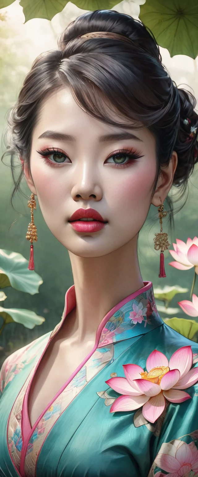 黑色鉛筆插畫風格, 普萊諾將軍, 全身, ((詳細的粵語旗袍美女, 雙手捧著蓮花的側面:1.3, 這是一種源自滿族的女性服飾，在中國使用, 美麗的色彩., 粉紅青色, 綠色的:1.5)), 細緻的眼睛, 詳細的臉部, 長長的睫毛, 細緻的頭髮和高髻優雅美麗穿著優雅, 站在樹下, 陽光灑在樹葉上, 鮮豔的色彩, 逼真的, 8K, 高品質, 電影燈光, 肖像, (最好的品質,4k,8K,高解析度,傑作:1.2),超詳細,銳利的焦點, Very 詳細的臉部,極其細緻的臉部特徵,超現實主義皮膚紋理,極其精細的細節,錯綜複雜的細節,細緻的眼睛,詳細的鼻子,细致的嘴唇,詳細的面部表情,複雜的臉部解剖結構,強烈的照明, 戲劇性的燈光,改變燈光,電影燈光,明暗對比照明,戲劇性的陰影,戏剧性的时刻,鮮豔的色彩,浓烈的色彩,深對比,电影景深,电影构图,电影摄影机角度