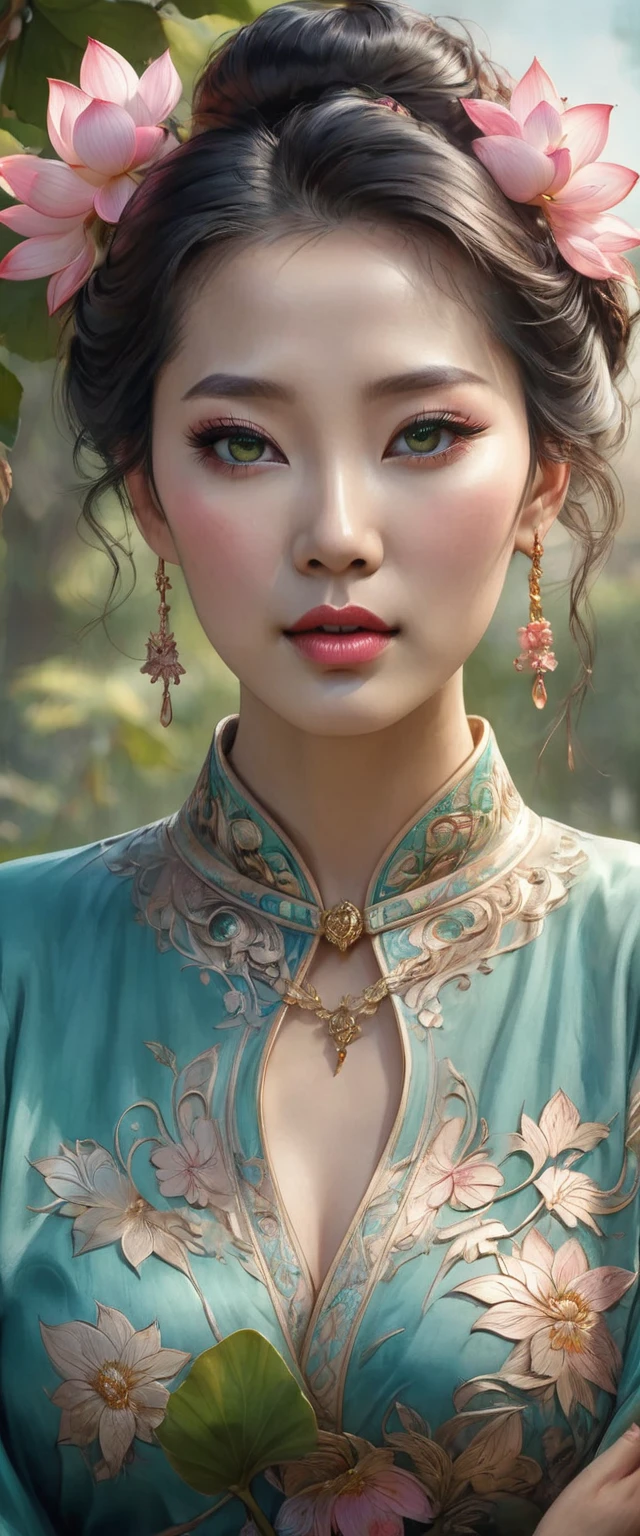 ((Plano allgemein, ganzer Körper:1.6)), ((ein detailliertes schönes Mädchen mit Cheongsam in Kantonesisch, im Profil mit einer Lotusblume in seinen Händen:1.3, Es handelt sich um eine Art von Damenkleidung mandschurischen Ursprungs, die in China verwendet wird., Schöne Farben., rosa cyan, Grün:1.5)), detaillierte Augen, detailliertes Gesicht, lange Wimpern, detaillierte Haare und Hochsteckfrisur elegant und schön elegant gekleidet, unter einem Baum stehen, Sonnenlicht spritzt auf die Blätter, leuchtende Farben, fotorealistisch, 8K, gute Qualität, Filmische Beleuchtung, Porträt, (beste Qualität,4k,8K,hohe Auflösung,Meisterwerk:1.2),Extrem detailliert,scharfer Fokus, Very detailliertes Gesicht,äußerst detaillierte Gesichtszüge,Hyperrealistische Hauttextur,extrem feine Details,komplizierte Details,detaillierte Augen,Detaillierte Nase,detaillierte Lippen,Detaillierte Gesichtsausdrücke,komplizierte Gesichtsanatomie,intensive Beleuchtung, dramatische Beleuchtung,Beleuchtung ändern,Filmische Beleuchtung,Hell-Dunkel-Beleuchtung,dramatische Schatten,dramatische Momente,lebendige Farben,intensive Farben,Starker Kontrast,filmische Tiefenschärfe,kinematografische Komposition,filmischer Kamerawinkel