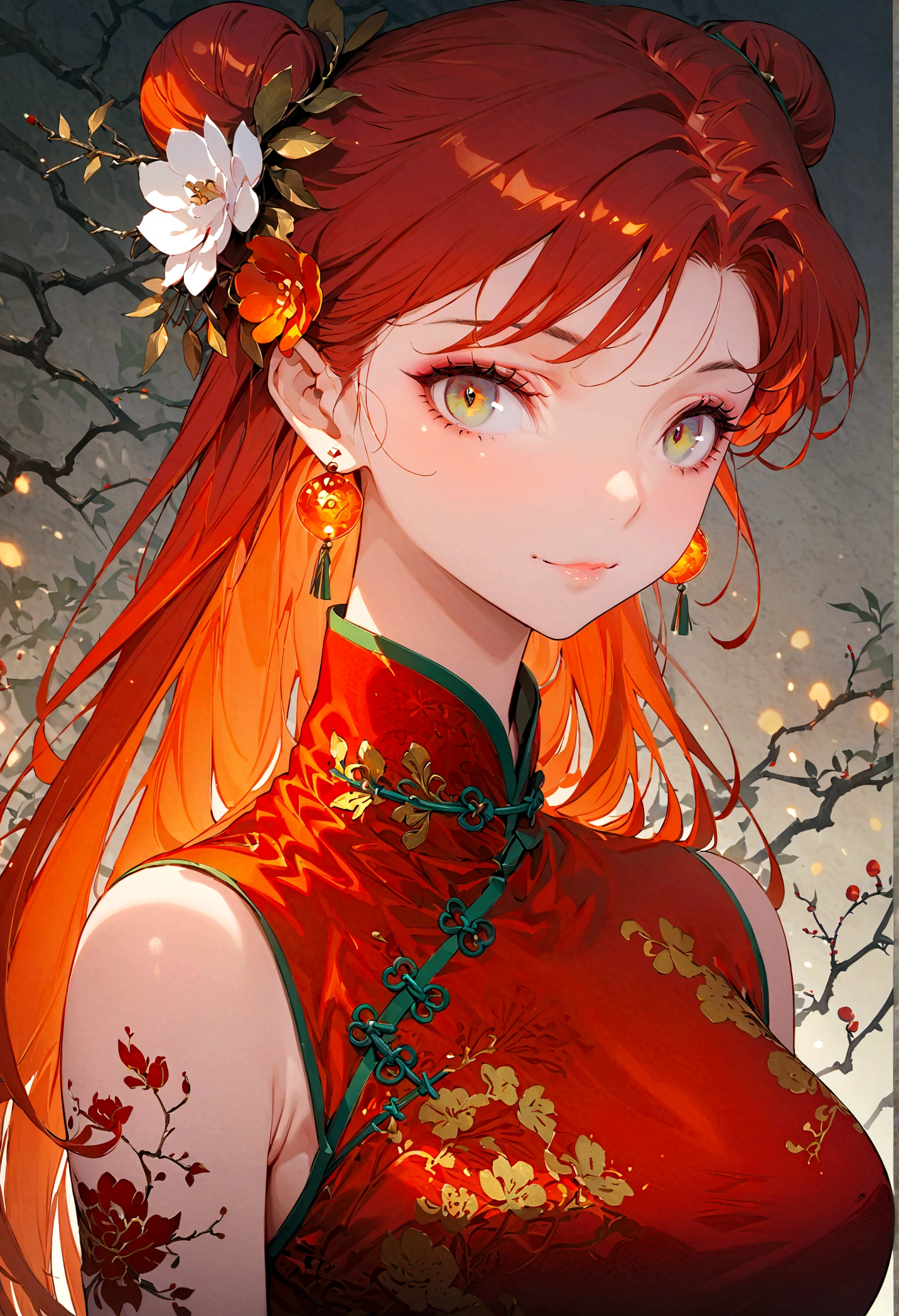 Retrato del espíritu del fuego, pelo rojo muy largo y suelto, ojos rojos brillantes, (Cheongsam chino exquisito y sexy.:1.2), Tatuaje rojo brillante, Orange crystal jewelry, una leve sonrisa, cuerpo maduro,obra maestra,mejor calidad,arte oficial,ilustración,Líneas claras,(Frío_color),composición perfecta,Ridículo,fantasía,