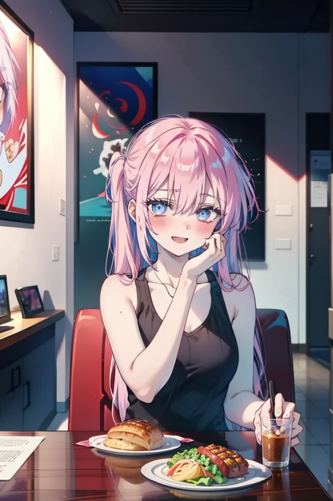 miyakoshikimori, miyako shikimori, Long Hair, blue eyes, Hair between the eyes, Pink Hair,ribbon, red ribbon,blush,smile,Open your mouth,Squint your eyes,black tank top shirt,Shorts,Sitting in a chair,There is food on the table,So that the whole body goes into the illustration,Resting one&#39;s chin on one&#39;s hand,
break looking at viewer,
break indoors, room,
break (masterpiece:1.2), Highest quality, High resolution, unity 8k wallpaper, (figure:0.8), (Beautiful attention to detail:1.6), Highly detailed face, Perfect lighting, Highly detailed CG, (Perfect hands, Perfect Anatomy),