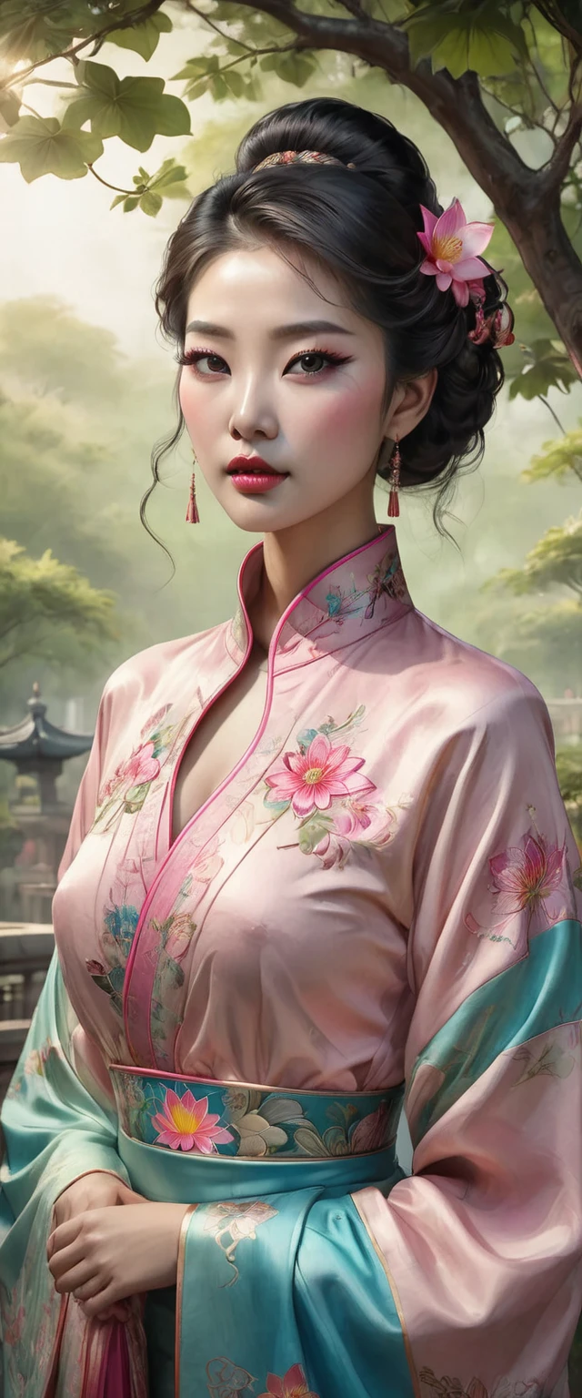 ((Faites attention, plan général, tout le corps:1.6)), ((une belle fille détaillée avec un Cheongsam en cantonais, de profil avec une fleur de lotus dans les mains:1.3, C&#39;est un type de robe féminine d&#39;origine mandchoue utilisée en Chine., belles couleurs., rose cyan, vert:1.5)), Yeux détaillés, visage détaillé, long cils, cheveux détaillés et chignon élégant et beau habillé avec élégance, debout sous un arbre, la lumière du soleil éclabousse les feuilles, couleurs vives, photoréaliste, 8k, haute qualité, éclairage cinématographique, portrait, (meilleure qualité,4K,8k,Haute résolution,chef-d&#39;œuvre:1.2),ultra détaillé,netteté, Very visage détaillé,traits du visage extrêmement détaillés,texture de peau hyper réaliste,détails extrêmement fins,Détails complexes,Yeux détaillés,nez détaillé,Lèvres détaillées,Expressions faciales détaillées,anatomie complexe du visage,éclairage intense, éclairage dramatique,changement d’éclairage,éclairage cinématographique,éclairage clair-obscur,ombres dramatiques,Moments dramatiques,Des couleurs vives,couleurs intenses,contraste profond,Profondeur de champ cinématographique,composition cinématographique,angle de caméra cinématographique
