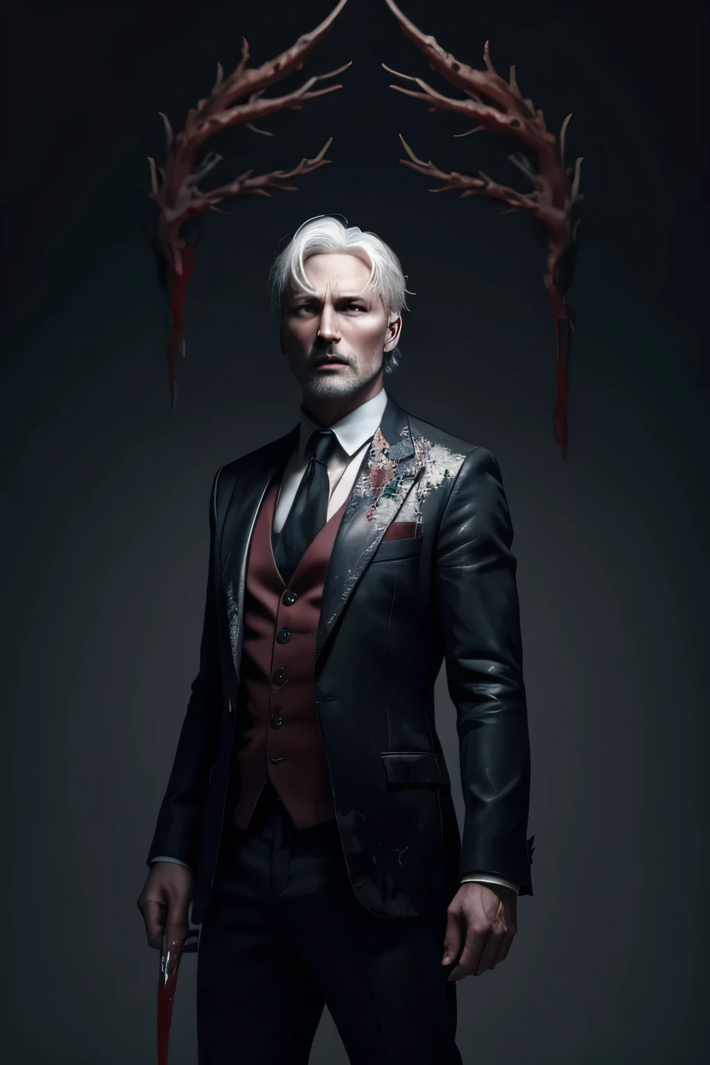 Mads Mikkelsen, White hair, full length, blood on the face, a knife, Drawing, Gloomy atmosphere, suit 