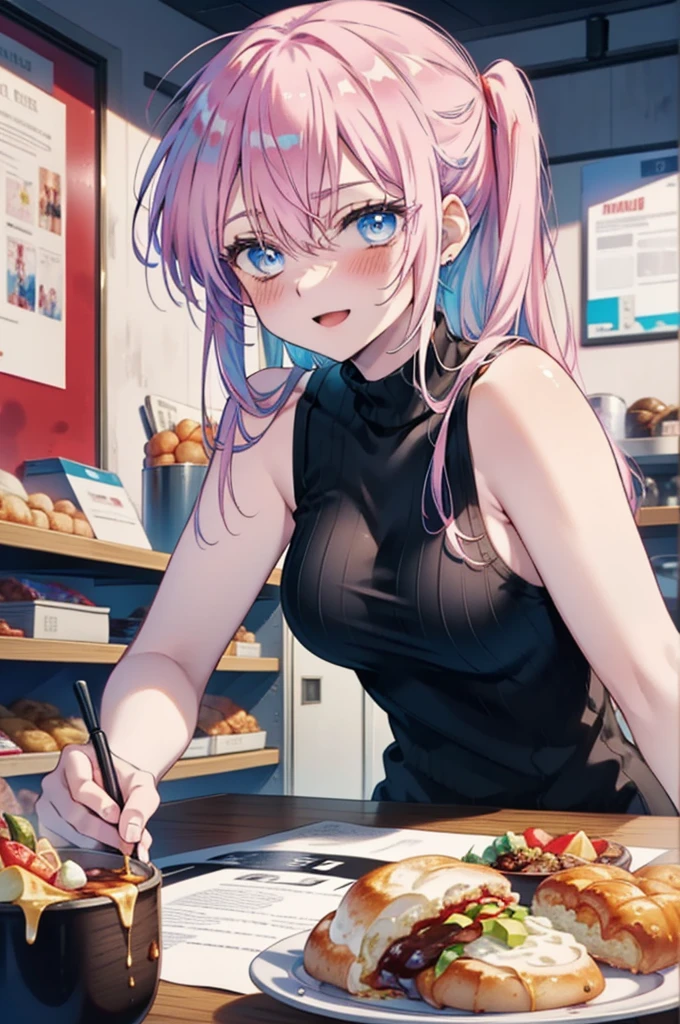 miyakoshikimori, miyako shikimori, Long Hair, blue eyes, Hair between the eyes, Pink Hair,ribbon, red ribbon,blush,smile,Open your mouth,Squint your eyes,black tank top shirt,Shorts,Sitting in a chair,There is food on the table,So that the whole body goes into the illustration,Resting one&#39;s chin on one&#39;s hand,
break looking at viewer,
break indoors, room,
break (masterpiece:1.2), Highest quality, High resolution, unity 8k wallpaper, (figure:0.8), (Beautiful attention to detail:1.6), Highly detailed face, Perfect lighting, Highly detailed CG, (Perfect hands, Perfect Anatomy),