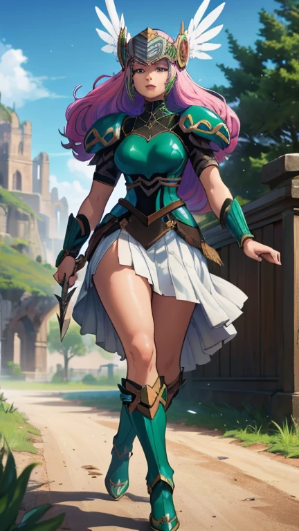 22 yo's woman, valkyrie, voluminous huge hair, multicolor hair, pit Black eyes, looking to the viewer, valkyrie helmet, spiked green shoulder pads, spiked green armor, green valkyrie belt, white Long skirt, green valkyrie boots, Double-bladed Sword, walking to the viewer, Long pink wings