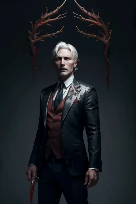 mads mikkelsen, white hair, full length, blood on the face, a knife, drawing, gloomy atmosphere, suit