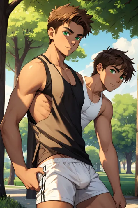 young male, 18 years old, tanned skin, light brown hair, green eyes, black tank top, white underwear.  in the park
