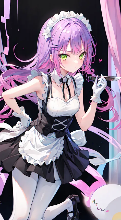 pink hair，maid clothes，white long gloves，hold two knives in each hand，white pantyhose，white stockings，black heel fighting gestur...