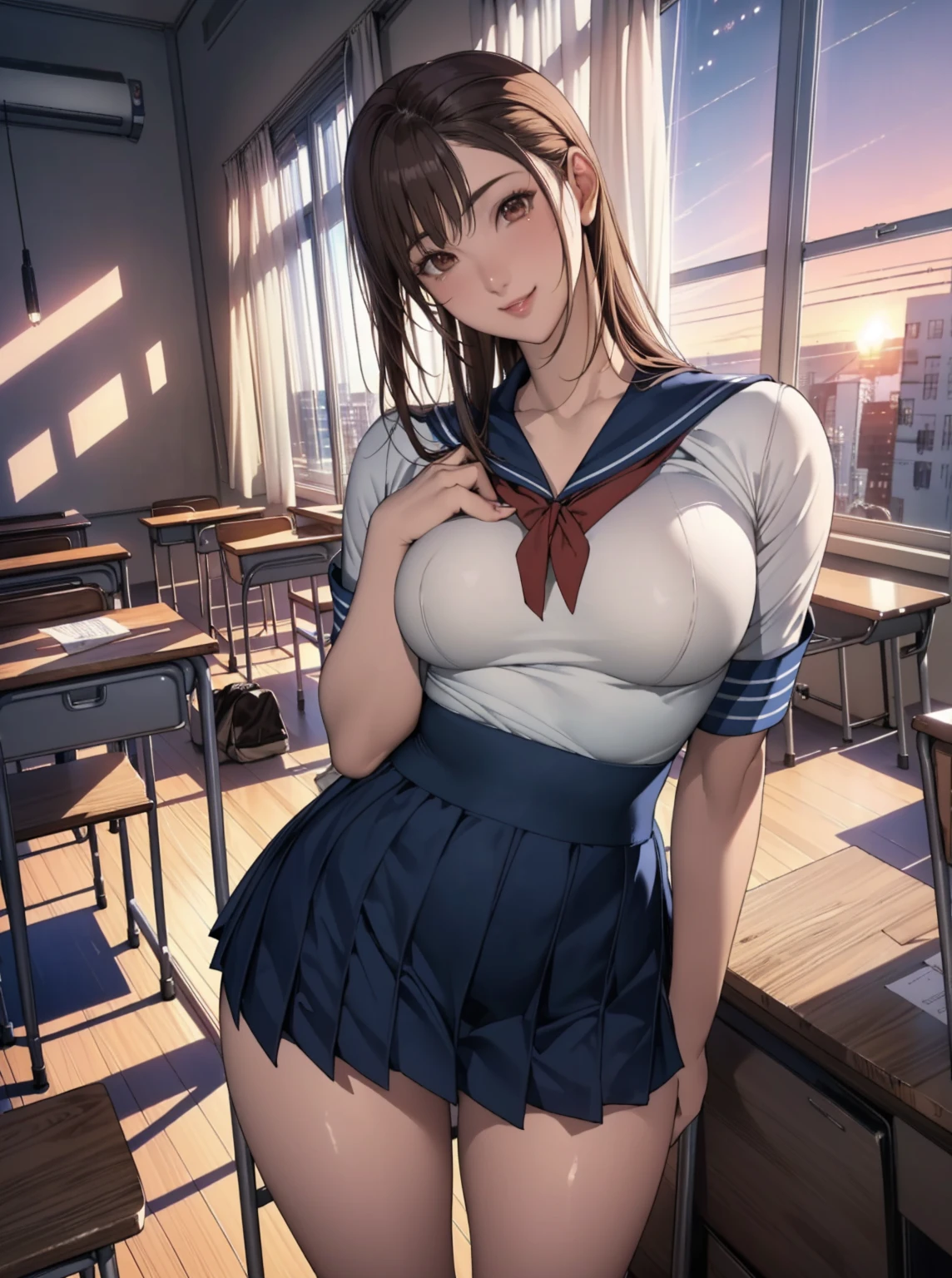 (8K,Realistic, Tabletop, Highest quality, RAW Photos:1.3)、One Girl, 18-year-old,alone,high school girl, Long Hair, Brown Hair, Beautiful face in every detail, Attractive face, (Beautiful brown eyes in every detail:1.2), Medium chest,(Underbust:1.0),(Covered nipples:0.99),(Loose Sailor Uniform :1.35), ( Slim beauty with perfect body: 1.4),( Seductive Pose:1.3), (View your viewers, Front view,Eyes focus:1.2), Detailed Background, (sunset:1.2), classroom,Fine details, Intricate details,  Ray Tracing, Depth of written boundary, Captivating smile,classroom,