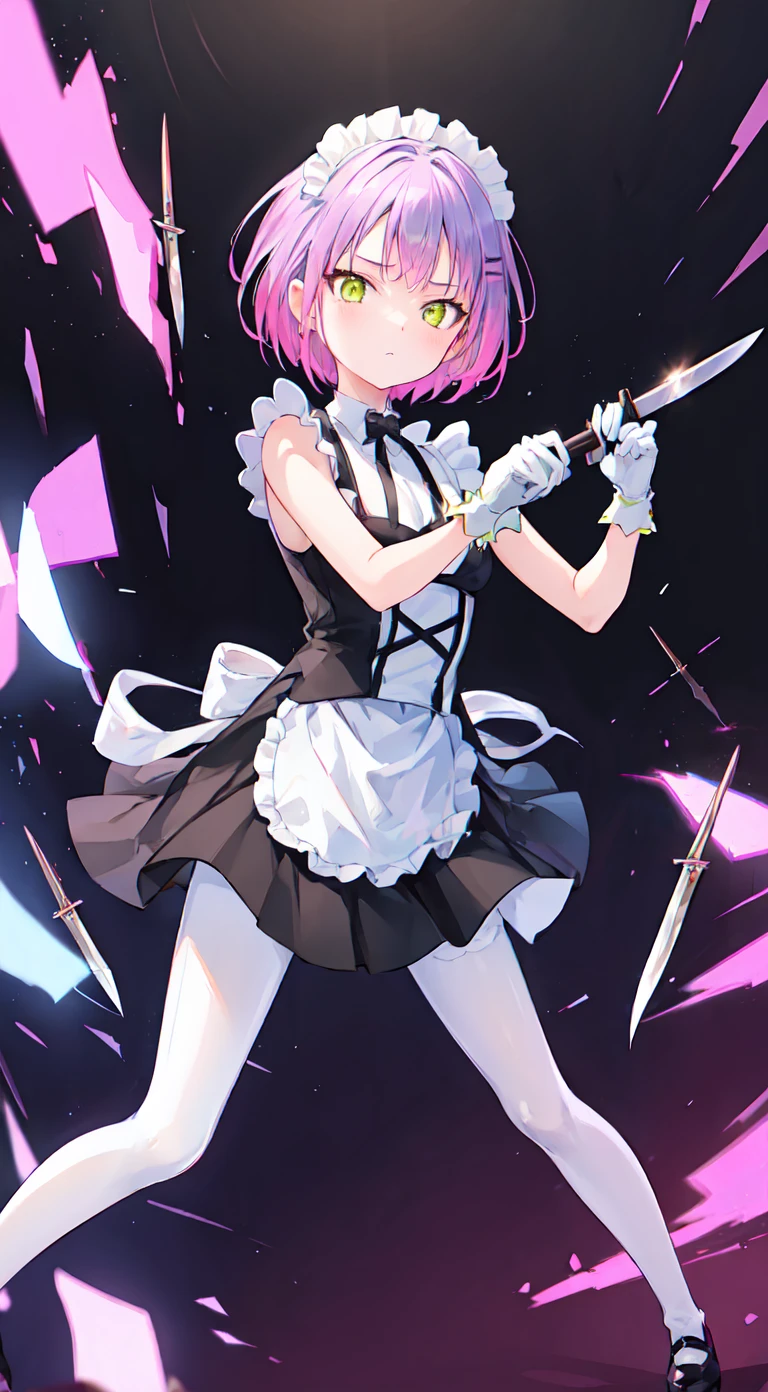 Pink Hair，Maid clothes，short hair、White long gloves，hold two knives in each hand，White pantyhose，White Stockings，Black heel fighting gesture