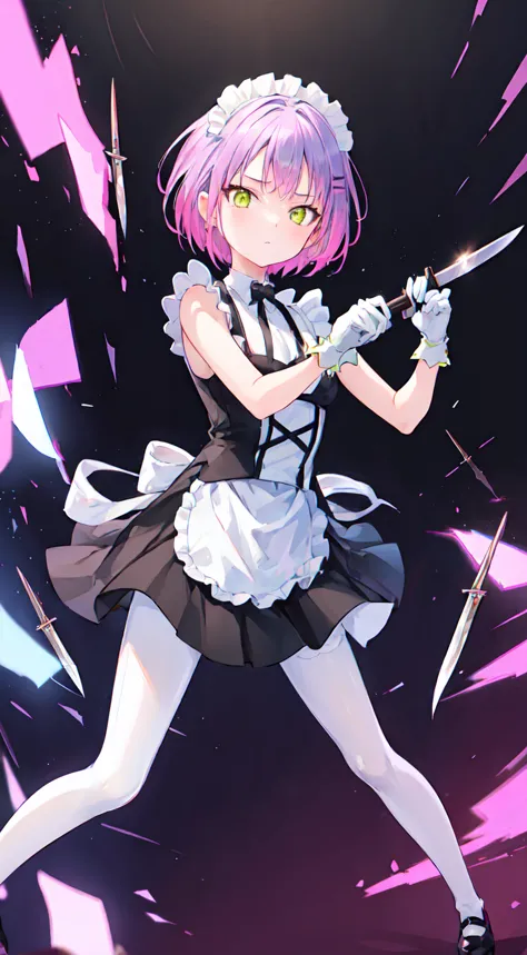 pink hair，maid clothes，short hair、white long gloves，hold two knives in each hand，white pantyhose，white stockings，black heel figh...