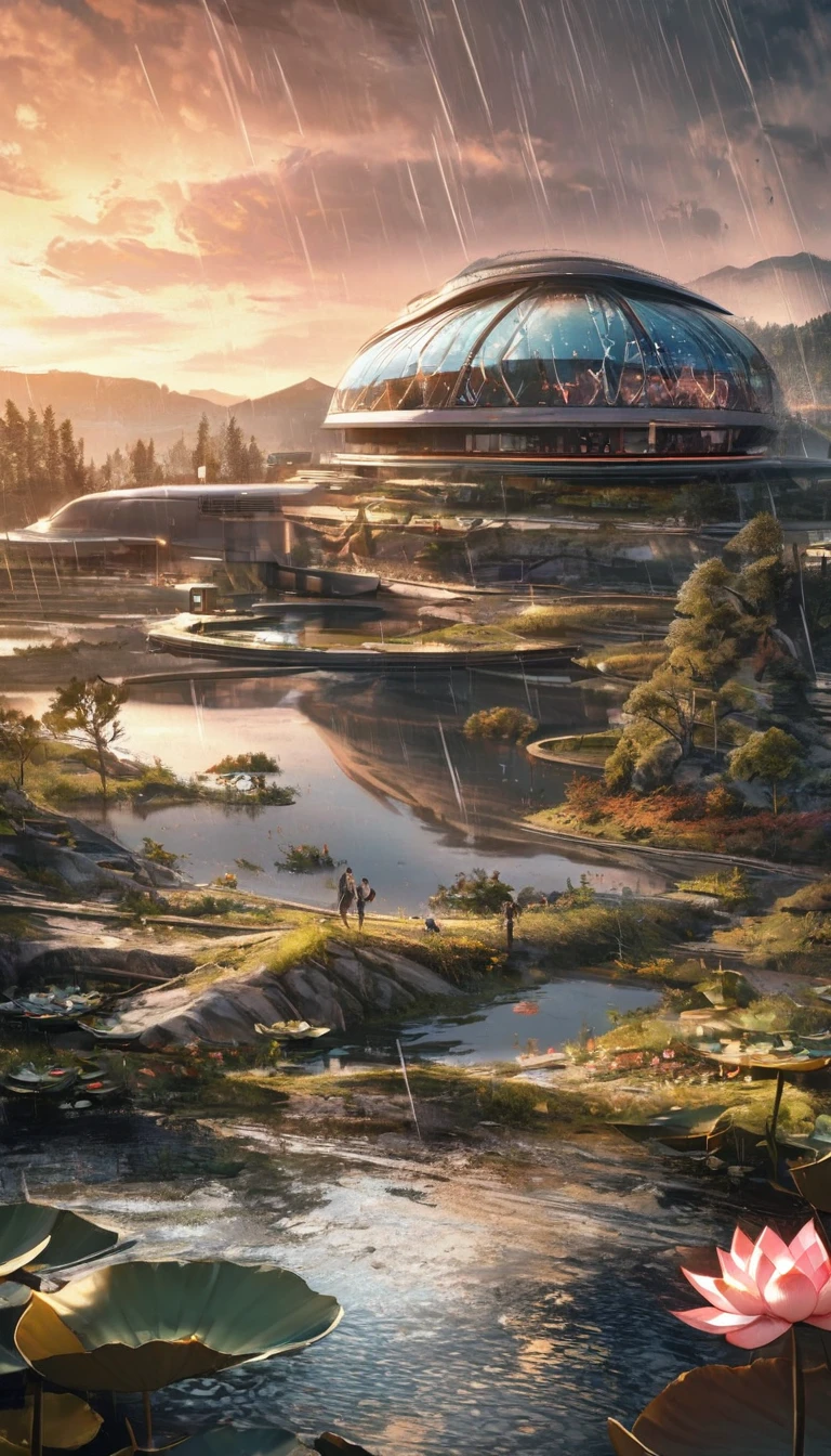 masterpiece, Best quality, Stunning details, Enjoy the future, Cyberpunk 2077 Wide Angle, 8K, Local blurring, lake, valley, Creek, Takayama, Weathered granite, hillside, Lakeside, Oval building (streamline, Lotus shape design, Transparent appearance, Metal frame, Glass facades, Fish scale decoration, huge), surrounded by forest, Decorated with lights, rain, 1 Girl,Pond in the evening，Sunset