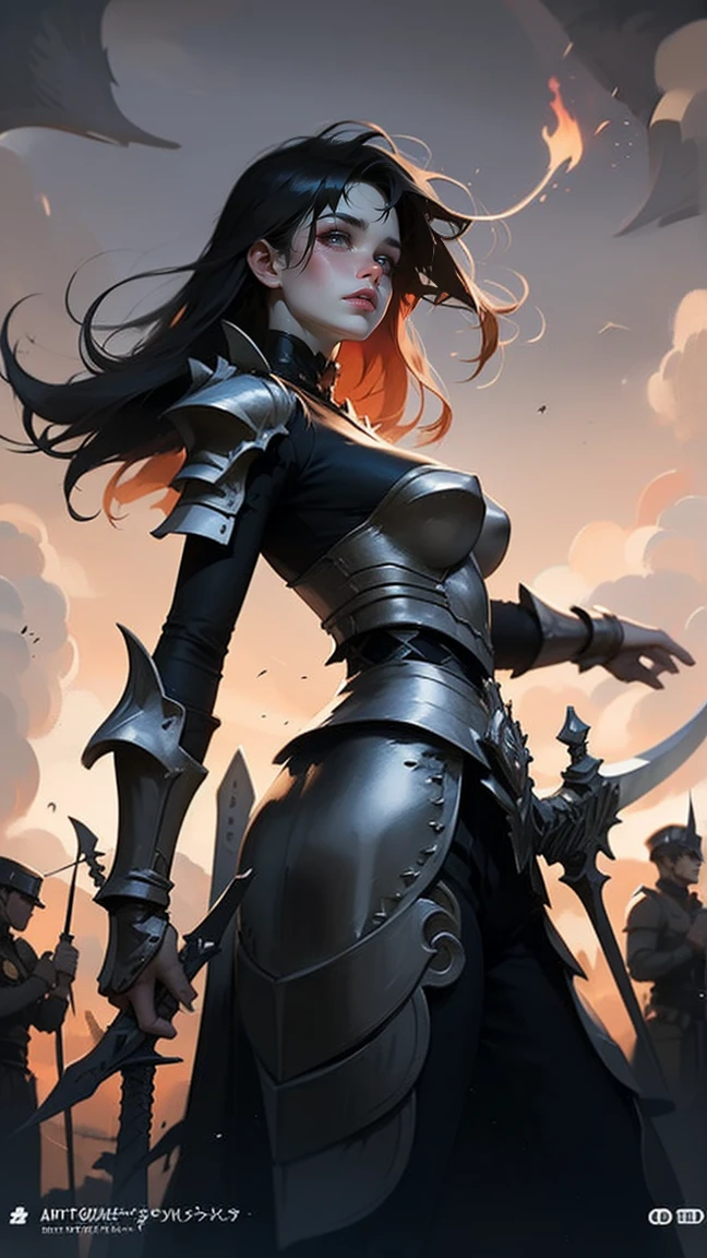 ((Low angle view)), ((Detailed background)), ((Battlefield, group of armies)), (masterpiece, top quality, best quality, official art, beautiful and aesthetic:1.2), (1girl),craft a Hyper-realistic portrayal of a futuristic (1girl1.2), (beautiful Dilireba), beautiful character donned in intricate armor surrounded by captivating flames, an epic long (sword:1.2), Dynamic pose, Random pose, Dynamic angle, battle stance, Meticulous details capture the intense fusion of tradition and innovation in this visually stunning composition. Trending on Artstation. Perfect lighting,,