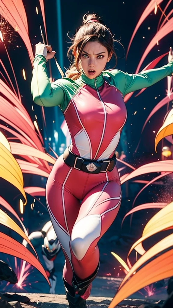 Solo, A brave and courageous image of a 6 member ranger team, Each one is decorated in vibrant colors such as:: ((Pink)), red is front of center, violet, Green, yellow, blue black, white,. Dynamic poses in a background that exudes energy and courage, neon, fire, plasma, Fluorescent, shocking, pink big bomber, splashing pink, running, fighting pose, action pose, Embodying the essence of the classic Sentai superhero team. Each Ranger:: The attire is sophisticated and modern, Each color has elements that reflect its theme., Ready for action. ((Camel Toe)), weapons, in sunset background , in cinematic lighting, cover art mixed cinema poster style,